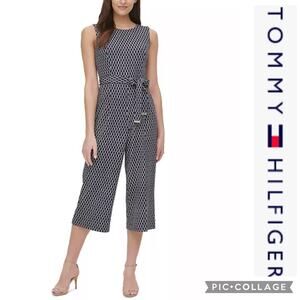 Tommy Hilfiger Rope-Print Belted crop sleevless navy & white Jumpsuit size 8